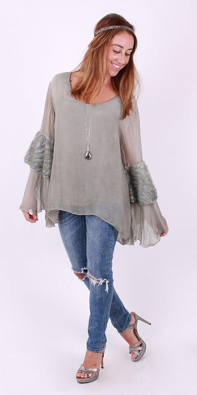 Tiered Sleeve Blouse - Shop at Zia -- Bell sleeve, blouse, made in italy, one size, silk overlay, Tops & Blouses, viscose